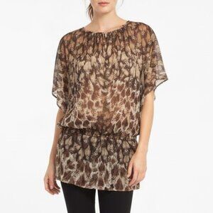 Mango Dress or Long Shirt - Brown/Beige Feather Pattern - M